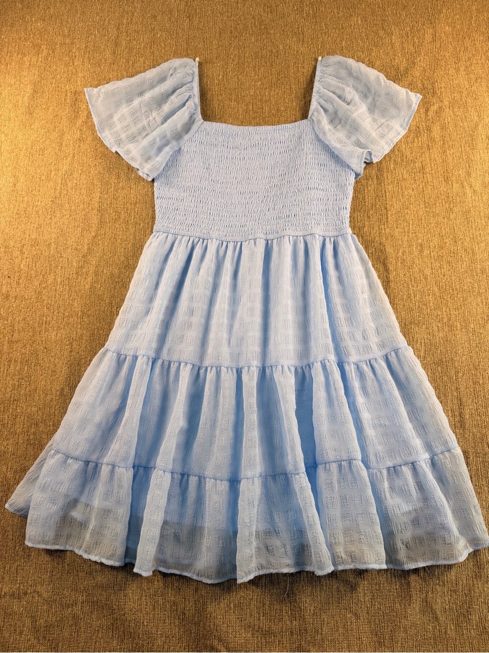 Rewind Women's Light Blue Smocked Flutter Sleeve Tiered Dress Medium